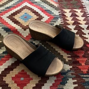 Clarks Artisan black cork wedges slip-ons size seven women’s casual sandals